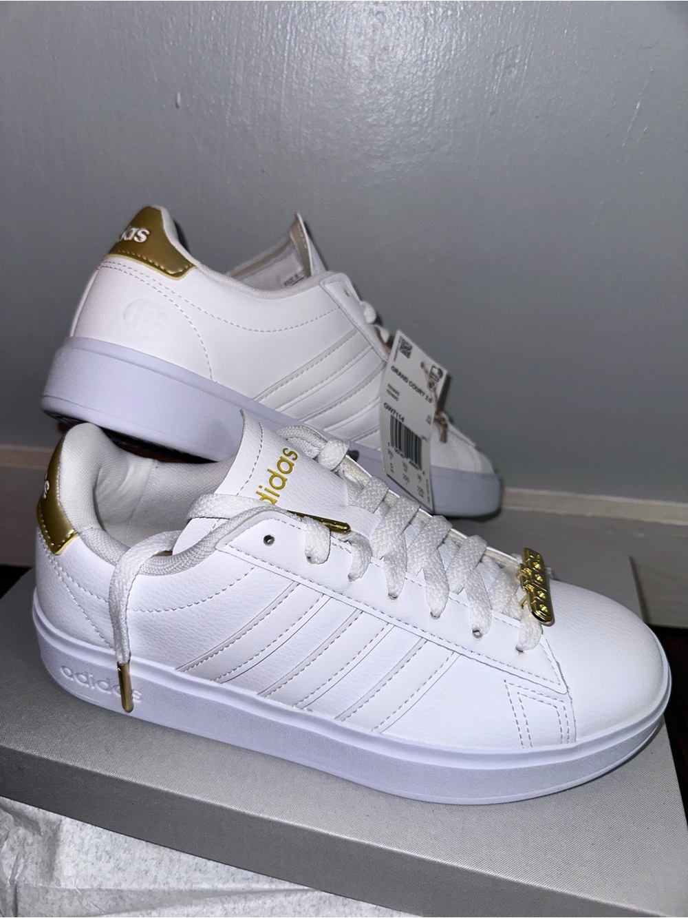 adidas Grand Court Cloudfoam 2.0 White tennis shoes with gold